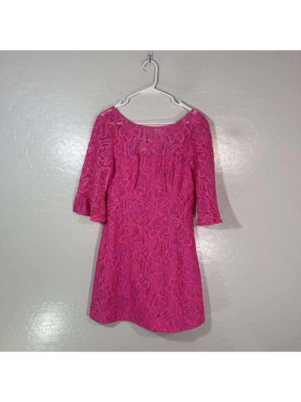 Lilly Pulitzer Dress Womens 4 Pink Floral Lace Shift 3/4 Bell Sleeve Short Party
